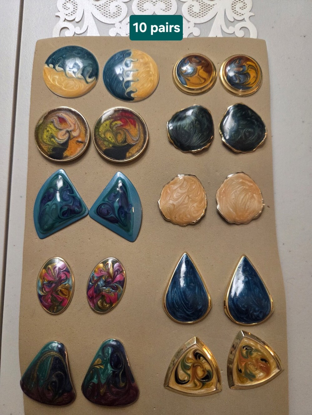 Assorted 10 Pairs Swirled Enamel Stud Earring Set - Blue, Teal, Gold, Peach